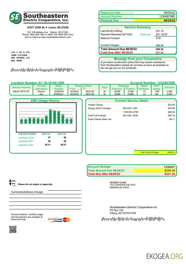 USA South Dakota Southeastern Electric utility bill template in Word and PDF format